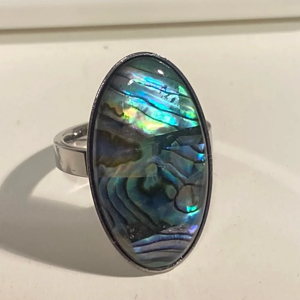 NEW Oversized Abalone Statement Ring Silver Boho Iridescent Shell Jewelry GIFT 8